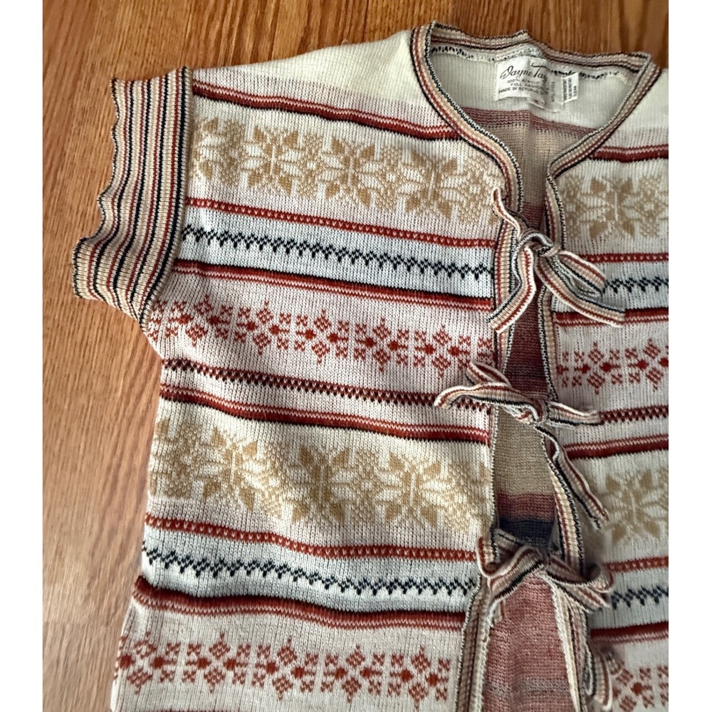 Vintage 70s Dayne Taylor Fair Isle Cardigan M Tie Front Nordic Sweater Vest
